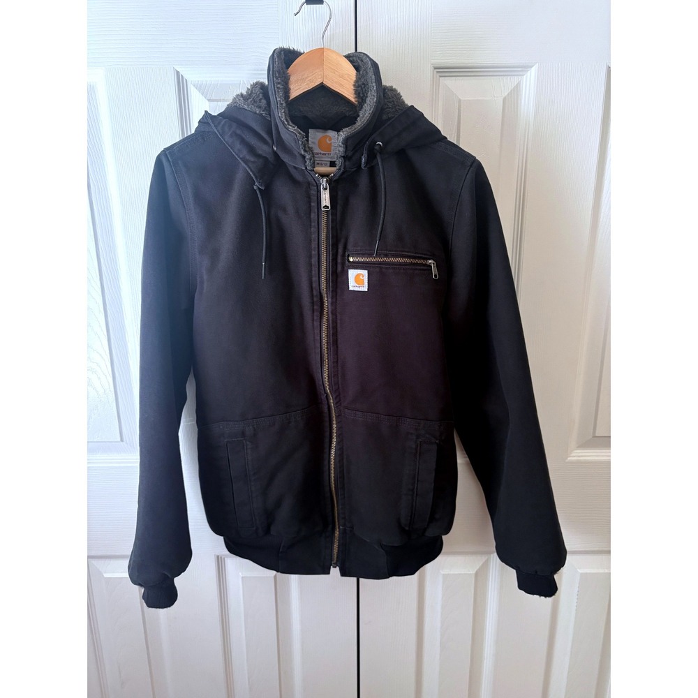 CARHARTT Black Weathered Wildwood Sherpa Lined Hooded Canvas Jacket M - Picture 2 of 12